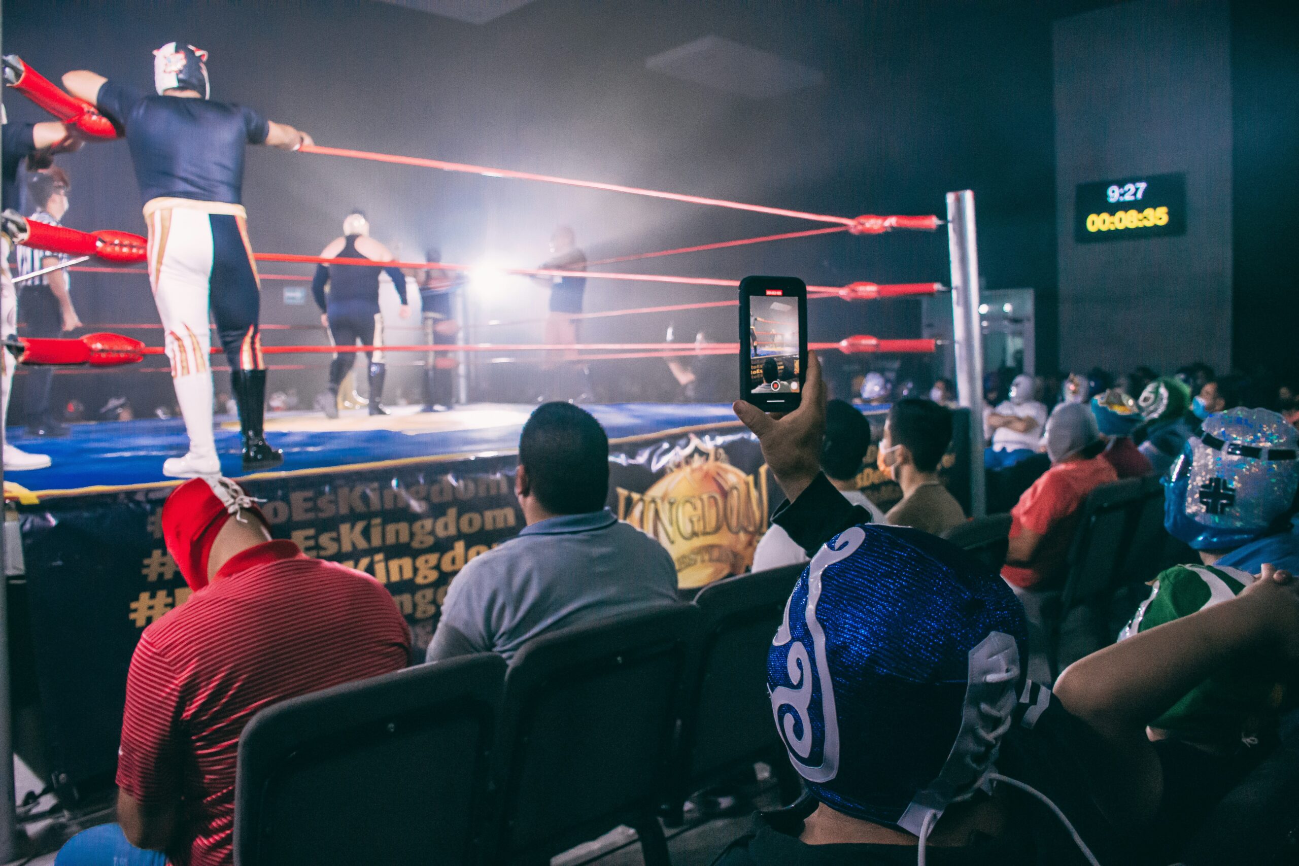 People watch wrestlers in a wrestling ring.