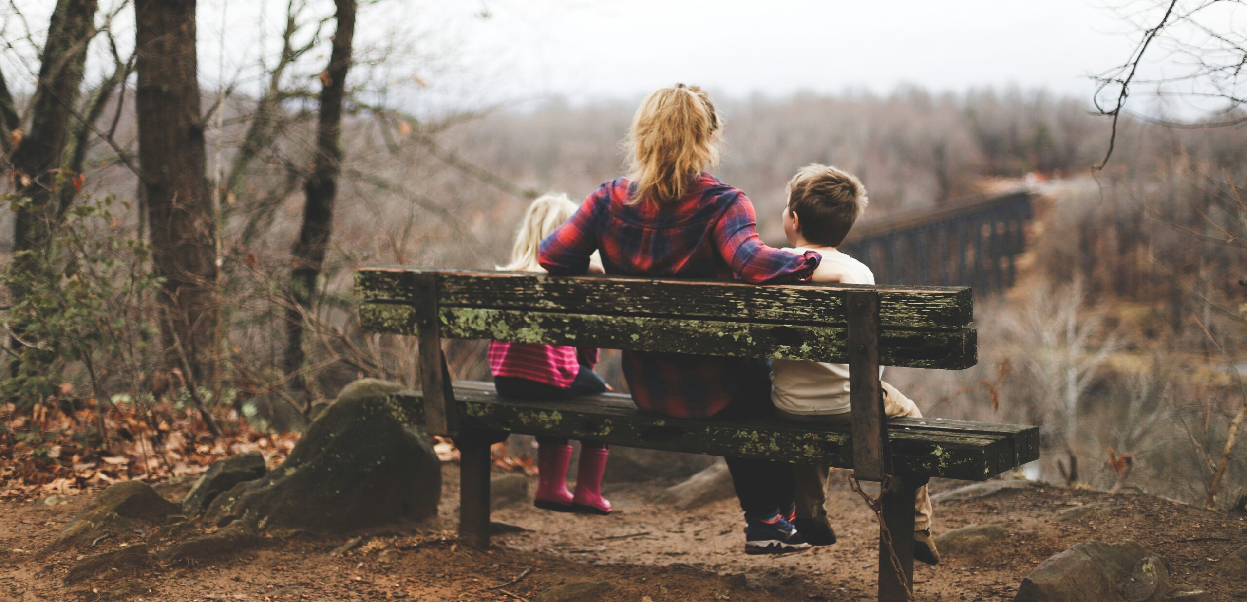 A mom sits on a bench with two kids.