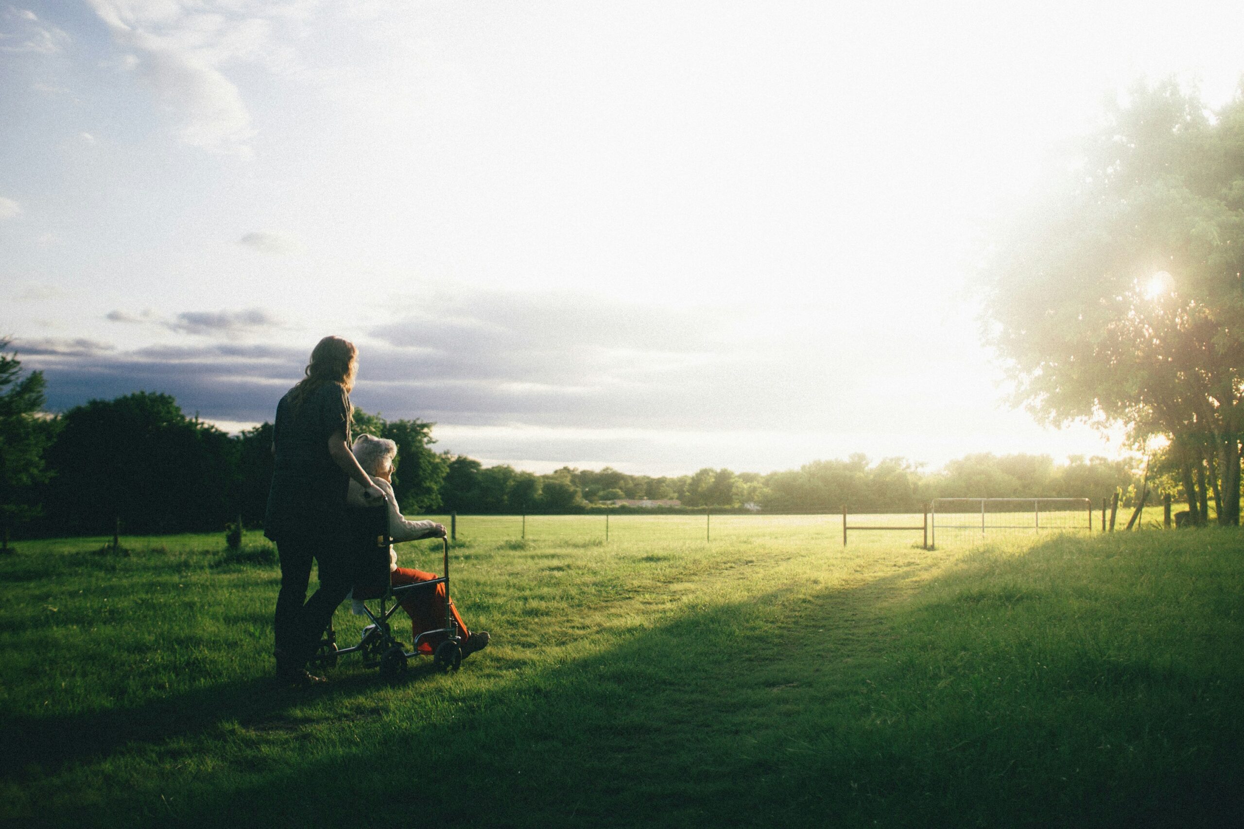 A woman in a wheelchair and another woman look out over a meadow.